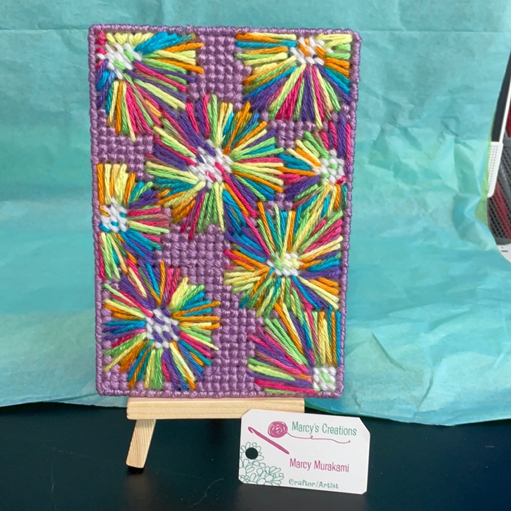Beautiful multi color flower Stitch mini art 🖼 with easel. Handcrafted with ❤️